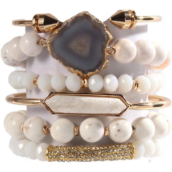 Handmade Natural Stone Stretch Bracelets - 6PCS Unique Beaded Jewelry Set - Picture 1 of 6